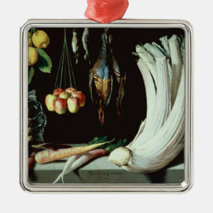 Still life with dead birds, fruit and metal tree decoration