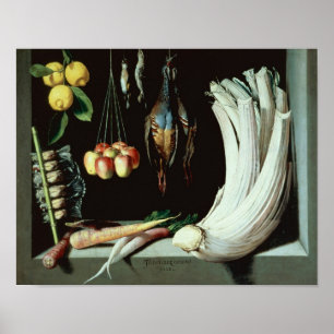 Still life with dead birds, fruit and poster