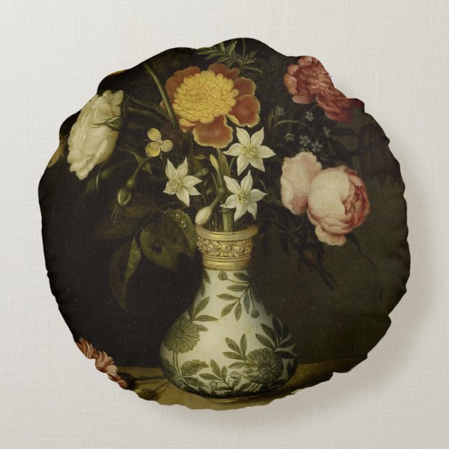 Still Life With Flowers in a Wan-li Vase Ambrosius Round Cushion (Back)