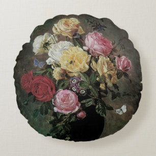 Still Life with Flowers in Vase by Olaf Hermansen Round Cushion