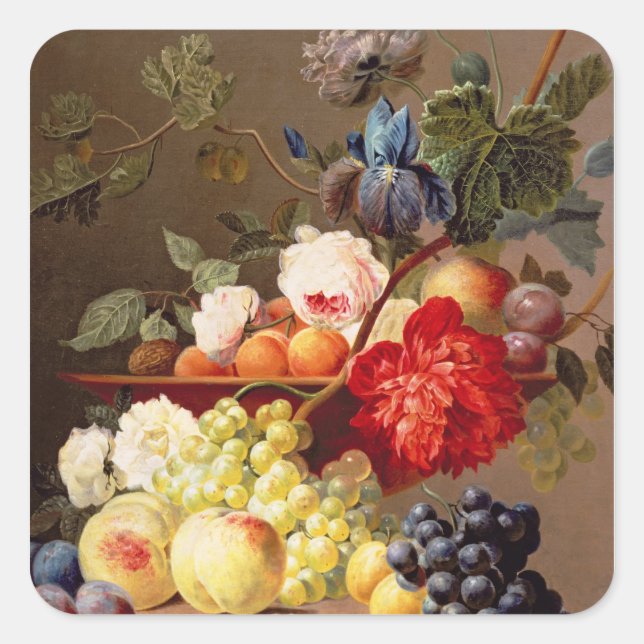 Still life with fruit and flowers square sticker (Front)