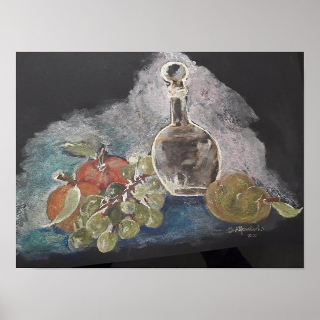 Still life with fruit and glass bottle poster (Front)
