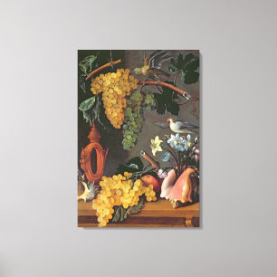 Still Life with Grapes, Birds and flowers Canvas Print