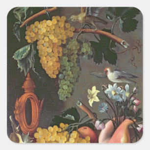 Still Life with Grapes, Birds and flowers Square Sticker