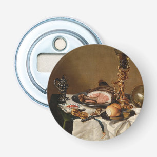 Still life with ham, books and ornamental vessels bottle opener