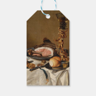Still life with ham, books and ornamental vessels gift tags