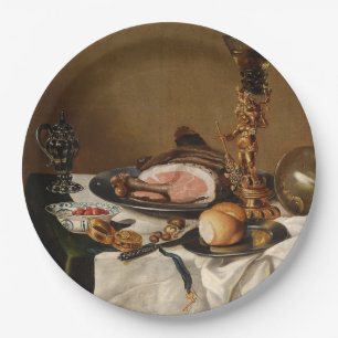 Still life with ham, books and ornamental vessels  paper plate