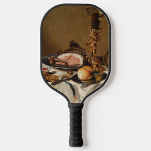Still life with ham, books and ornamental vessels pickleball paddle