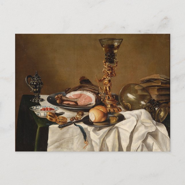 Still life with ham, books and ornamental vessels postcard (Front)