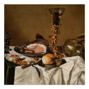 Still life with ham, books and ornamental vessels poster
