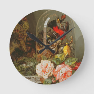 Still Life with Humming Bird in a Glass Dome Round Clock