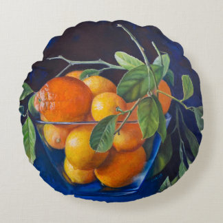 Still Life with Lemons and Orange Branch Round Cushion