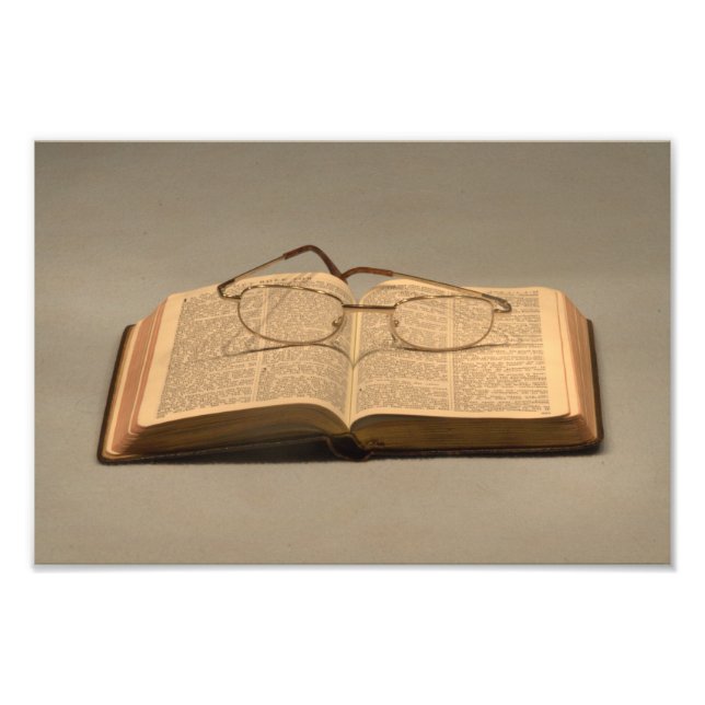Still life with open bible and reading glasses photo print (Front)