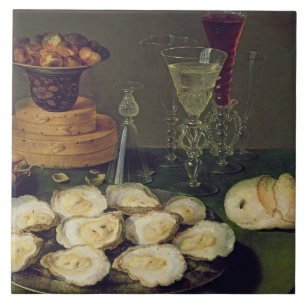 Still Life with Oysters and Glasses (oil on panel) Tile