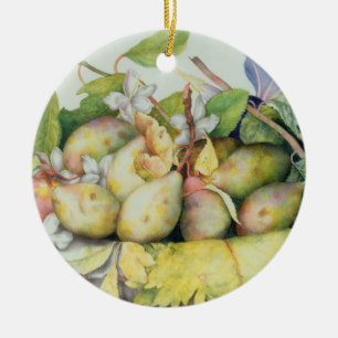 Still life with Plums, Walnuts and Jasmine (w/c on Ceramic Tree Decoration