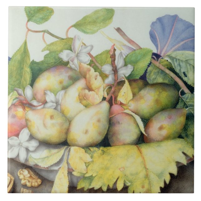 Still life with Plums, Walnuts and Jasmine (w/c on Tile (Front)