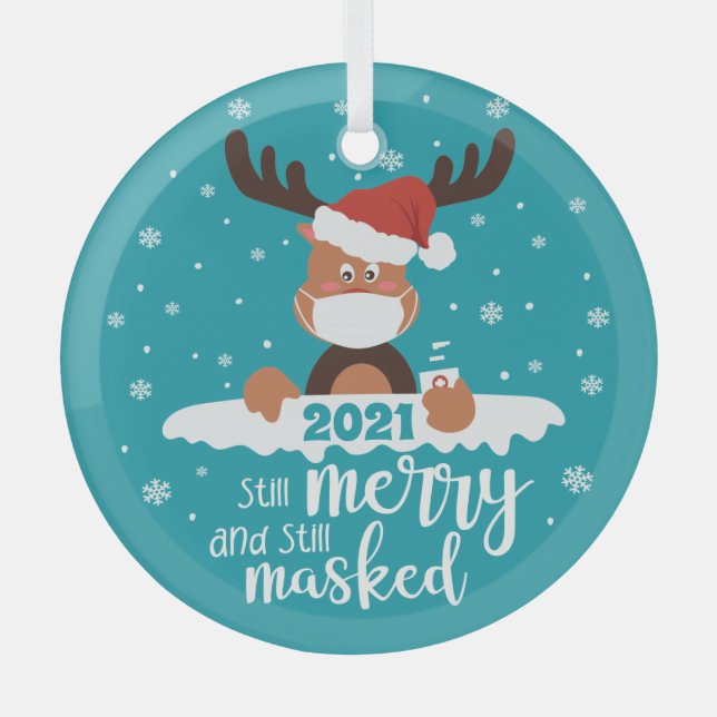 Still merry still masked fun reindeer 2021  glass tree decoration (Front)