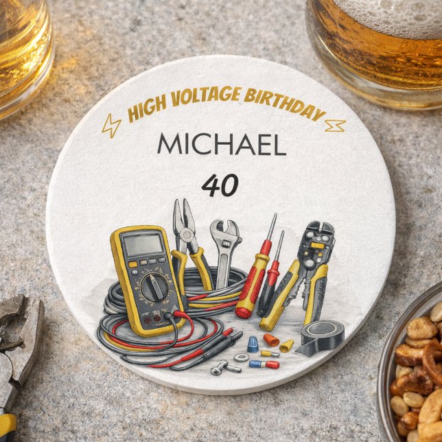 Still Shocking at 40 Electrician Birthday Party Round Paper Coaster (Creator Uploaded)