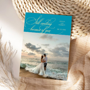 Still Smiling Elegant Wedding Photo Aqua Blue Thank You Card