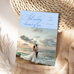 Still Smiling Elegant Wedding Photo Icy Blue Thank You Card