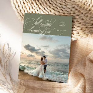 Still Smiling Elegant Wedding Photo Sage Green Thank You Card