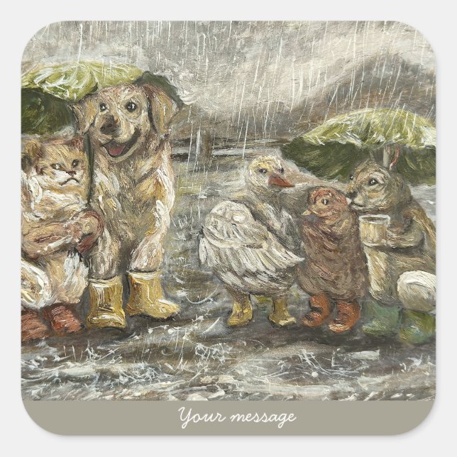 Still Together Whimsical Farmhouse Animals Rainy  Square Sticker (Front)