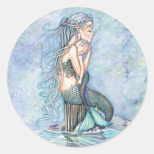 Still Waters Mother and Infant Mermaid Baby Shower Classic Round Sticker (Front)