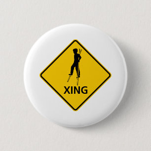 Stilt-Walker Crossing Highway Sign 6 Cm Round Badge