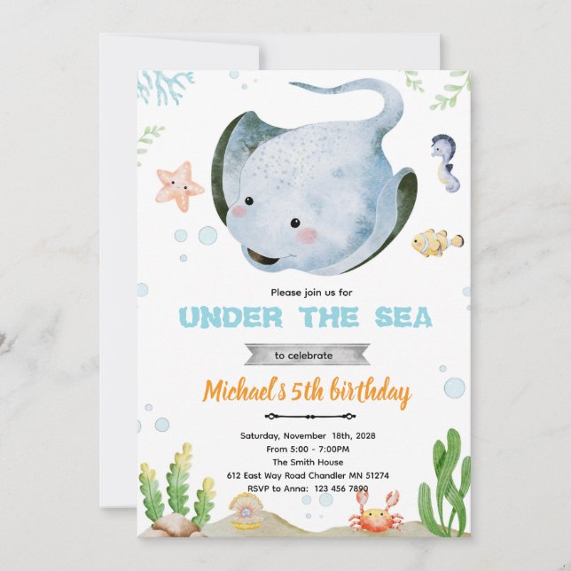 Stingray birthday party invitation (Front)