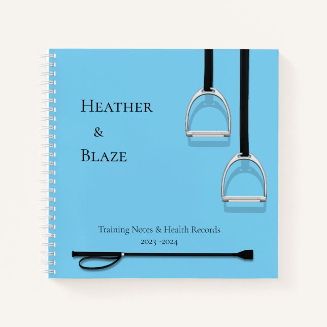 Stirrup Irons & Riding Crop Blue Square Equestrian Notebook (Front)