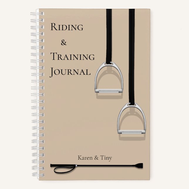 Stirrup Irons & Riding Crop Latte Brown Equestrian Notebook (Front)