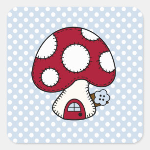 Stitched Design Red Mushroom House Fairy Home Square Sticker