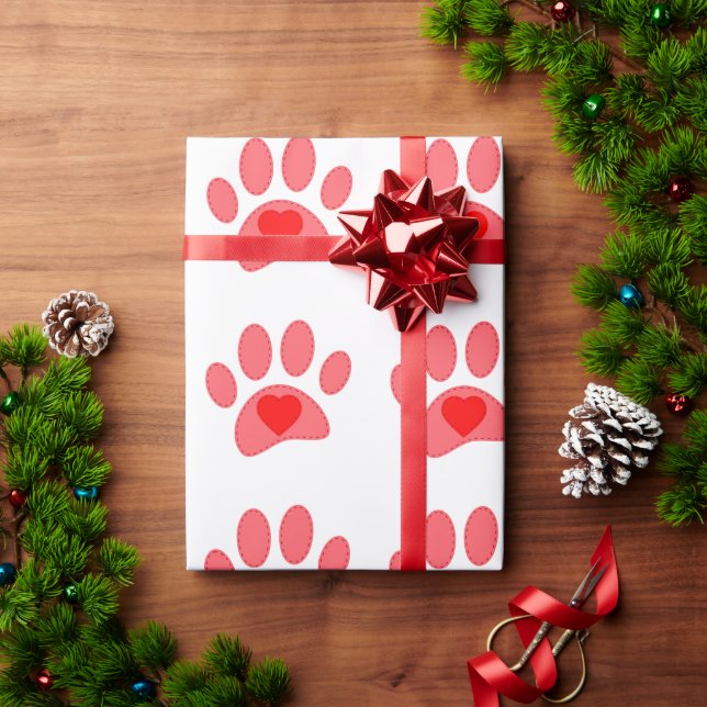 Stitched Dog Paw Print Valentines  Wrapping Paper (Holiday Gift)