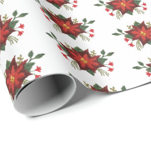 Stitched-effect poinsettias and holly custom wrapping paper