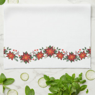 Stitched-effect poinsettias and holly garlands tea towel
