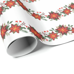 Stitched-effect poinsettias and holly garlands wrapping paper