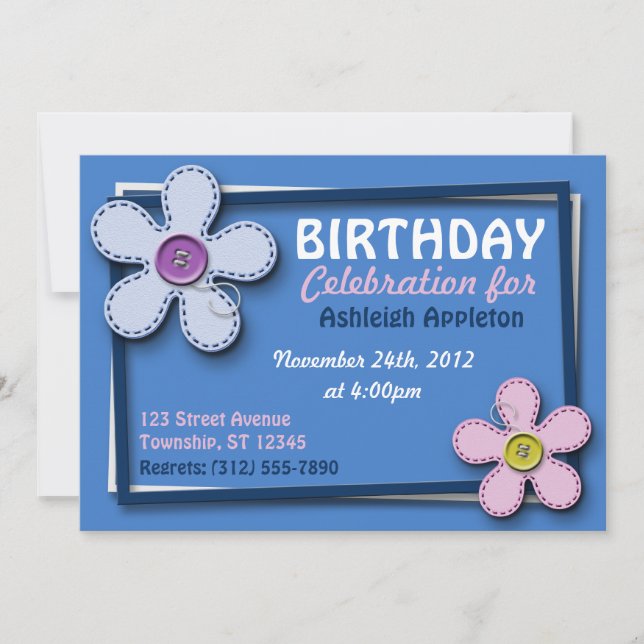 Stitched Flowers Trendy Blue Birthday Invitations (Front)