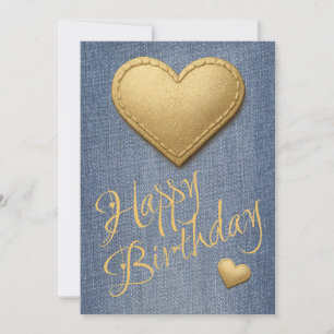Stitched Golden Hearts and Text on Denim Birthday Holiday Card