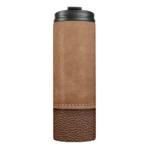 Stitched leather: grey, black background. thermal tumbler