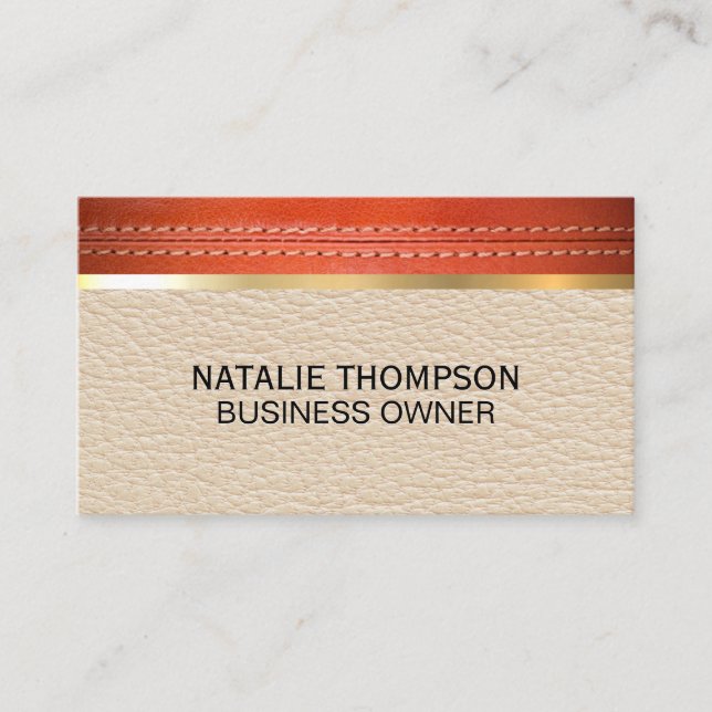 Stitched Leather | Leather Gold Metallic Trim Business Card (Front)