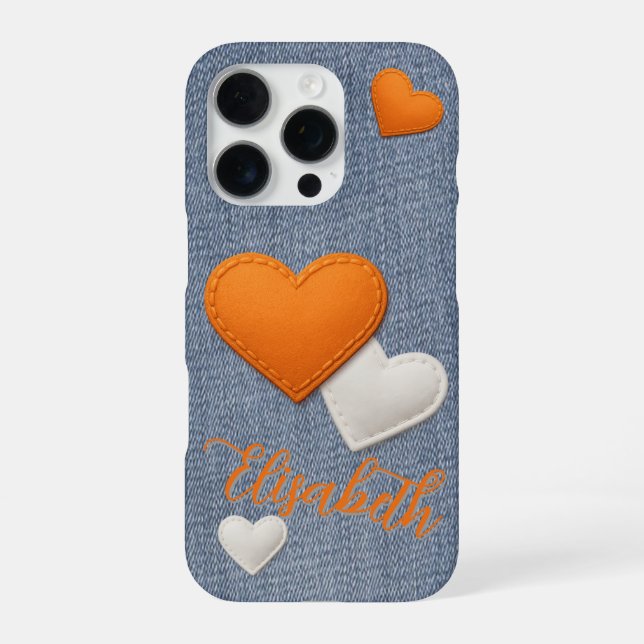 Stitched Orange & White Hearts your Name on Denim iPhone Case (Back)
