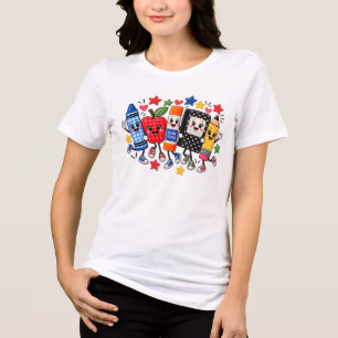 Stitched School Supplies Friends Cartoon Tri-Blend Shirt