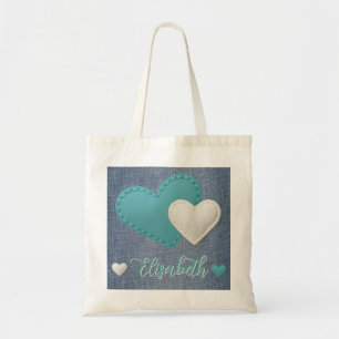 Stitched Teal & Ivory Hearts your Name on Denim Tote Bag