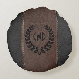 Stitched Vintage Leather Texture In Black & Brown Round Cushion