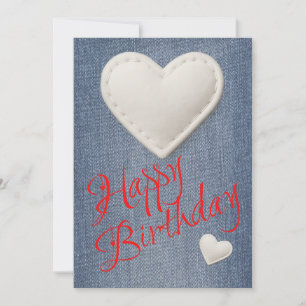Stitched White Hearts & Red Text on Denim Birthday Holiday Card