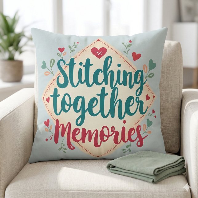 Stitching Together Memories Embroidery Art Cushion (Stitching Together Memories Embroidery Art Throw Pillow Mockup A)