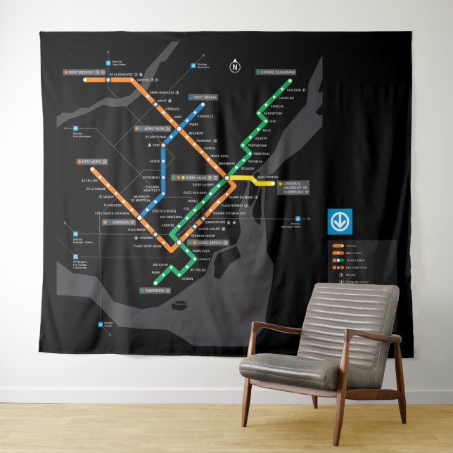 STM Montreal Metro Subway Map Black Background HD Tapestry (In Situ (Horizontal))