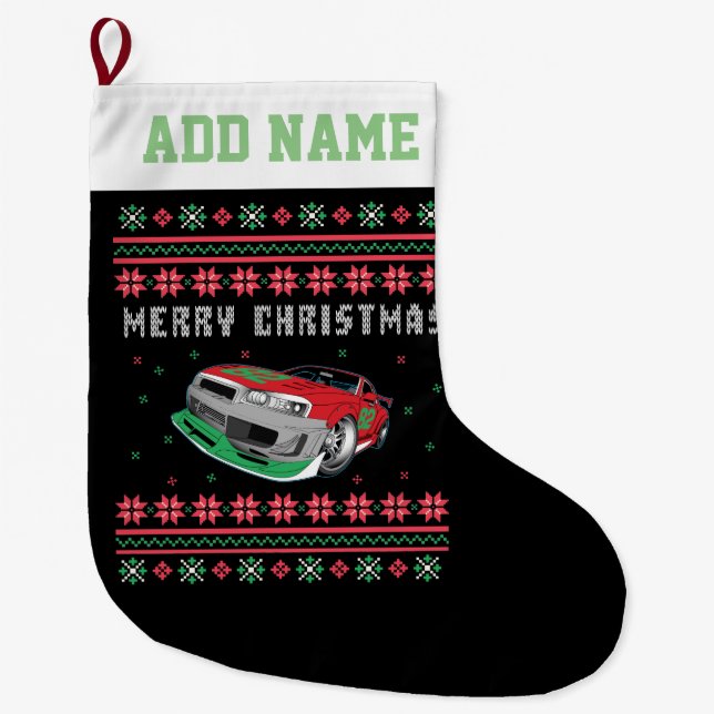 Stock Car Ugly Christmas Sweater Large Christmas Stocking (Front)