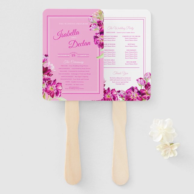 Stock flowers pink watercolor wedding program hand fan (Front and Back)