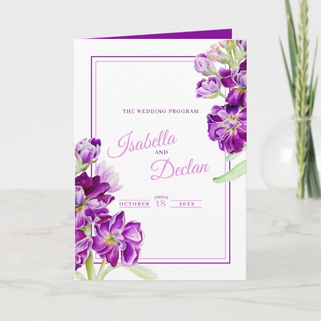Stock flowers purple watercolor art wedding programme (Front)